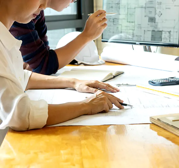 engineer or architectural project, two engineering or architecture discussing and working on blueprint with architect equipment, Construction concept.