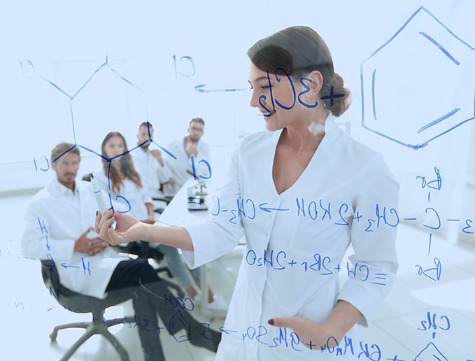 view through the transparent Board. female biochemist analysing information.